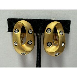 Vintage Matte Gold-Tone Clip-On Statement Abstract Oval Earrings Crystal Detail